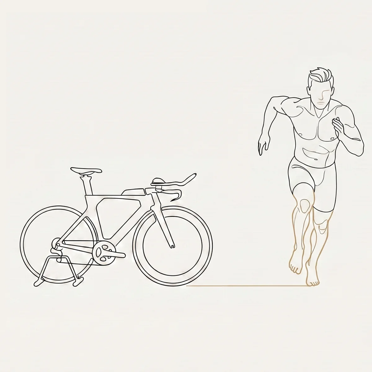 A continuous-line drawing: a time-trial bike stands on a transition rack at left while a triathlete sprints away on foot at right, the running legs picked out in gold — the equipment left behind, the race carried on by the body.