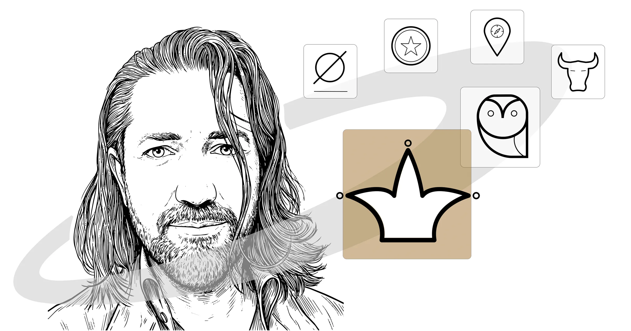 Line-art portrait of Robert Daniel surrounded by a Saturn-style ring carrying six archetype symbols, with the gold jester crown at the centre.