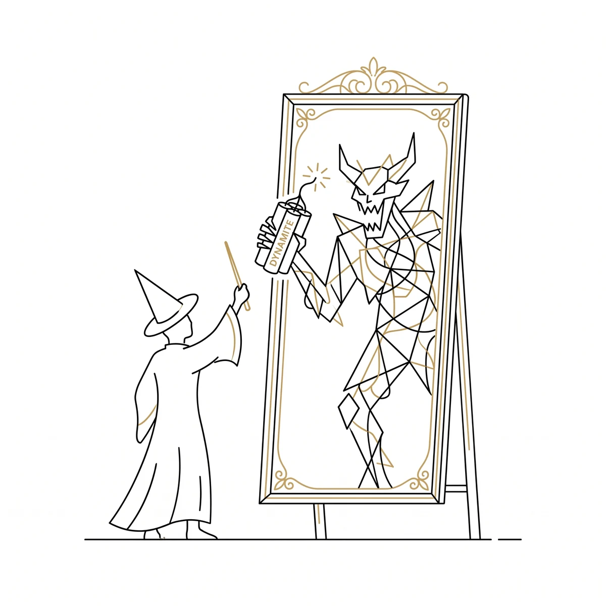 A wizard raises his wand at a mirror; the reflection is a jagged, horned figure clutching lit dynamite — the apprentice who went straight to the spell.