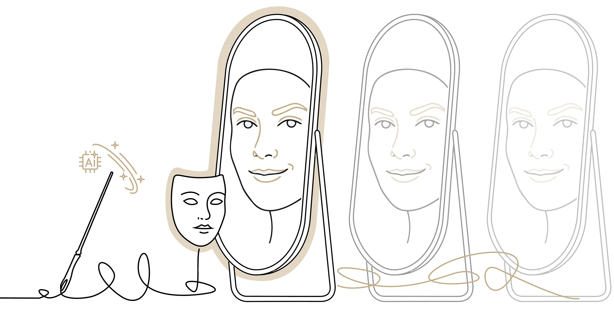 Continuous line-art illustration: an AI wand and a theatre mask beside a mirror reflecting a face, with diminishing echo mirrors trailing to the right.